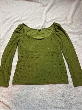 Eyelet Scoop Neck Long-Sleeve Top in Olive